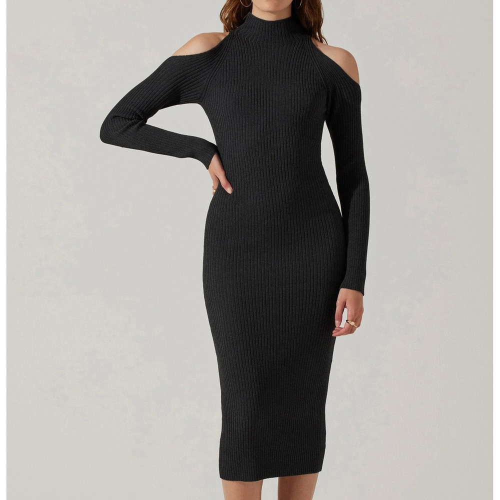 ASTR The Label Cold Shoulder Mock Neck Midi Ribbed Bodycon Grey Sweater Dress